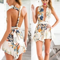 Sexy Backless Deep V-neck Floral Print Rompers