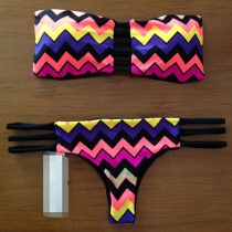 Sexy Colorful Wave-stripe Printed Bandeau Bikini Set