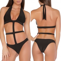 Sexy Deep V-neck Hollow Out Halter One-piece Bikini Swimsuit