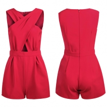 Sexy Solid Sleeveless Cross Front Pleated Romper