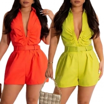 Sexy Solid Sleeveless Cross Front Pleated Romper