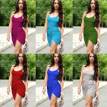 Fashion Solid Color Low-cut Irregular Hem Sling Dress