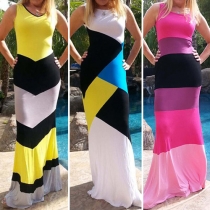 Bohemian Style Sleeveless Round Neck Contrast Color Striped Maxi Dress