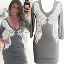 Fashion Long Sleeve Slim Fit Angel Wings Printed Dress