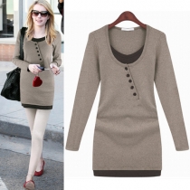 Fashion Contrast Color Long Sleeve Mock Two-piece Dress