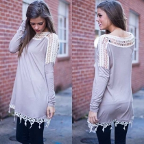 Fashion Lace Spliced Long Sleeve Round Neck T-shirt Dress