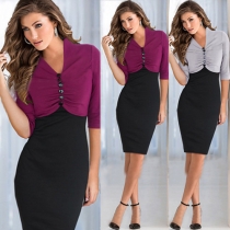 OL Style Contrast Color Half Sleeve V-neck Slim Fit Pencil Dress