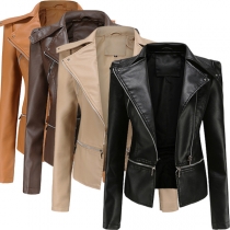 Fashion Solid Color Long Sleeve Lapel Slim Fit PU Leather Motorcycle Jacket(The size runs small)