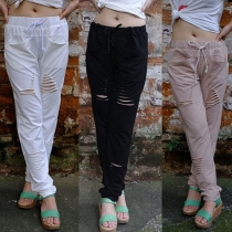 Sexy Hollow Out Solid Color Women Casual Pants