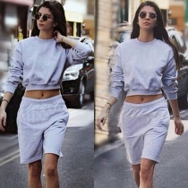 Fashion Long Sleeve Round Neck Crop Tops + Shorts Two-piece Set