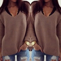 Retro Style Long Sleeve V-neck Hollow Out Knitted Sweater