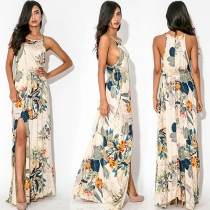 Elegant Floral Print Slit Hem Sling Maxi Dress