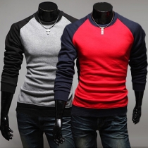 Fashion Contrast Color Long Sleeve Round Neck Men's T-shirt