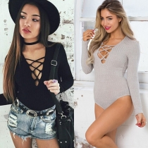 Sexy Lace-up Deep V-neck Long Sleeve Slim Fit Rompers