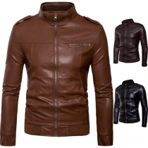 Fashion Solid Color Long Sleeve Stand Collar Men's PU Leather Jacket