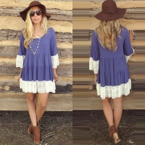 Fashion Lace Spliced 3/4 Sleeve Round Neck Loose Dress