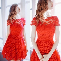 Elegant Solid Short Sleeve Pleated Crochet Lace Yoke Fit and Flare Dress