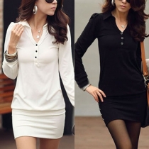 OL Style Long Sleeve Slim Fit All-match Solid Color Dress