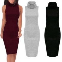 Fashion Turtleneck Solid Color Sleeveless Knitted Dress