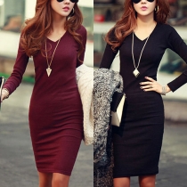 Casual V-neck Hip Package Long Sleeve Slim Fit Dress