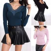 Sexy Backless Lace Spliced V-neck Long Sleeve Shapewear T-shirt