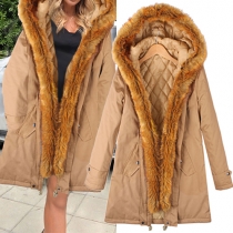 Fashion Solid Color Faux Fur Spliced hooded Warm Coat