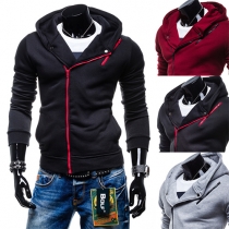 Fashion Solid Color Long Sleeve Oblique Zipper Hooded Men's Sweatshirt