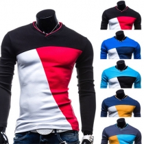 Fashion Contrast Color Long Sleeve V-neck Men's T-shirt