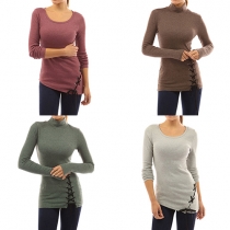 Fashion Solid Color Long Sleeve Irregular Lace-up Hem T-shirt