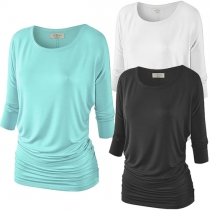 Fashion Solid Color 3/4 Sleeve Round Neck T-shirt