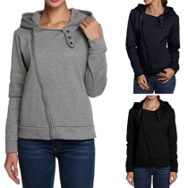 Fashion Solid Color Long Sleeve Oblique Zipper Hooded Sweatshirt