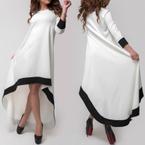 Fashion Contrast Color Long Sleeve Round Neck Irregular Hem Maxi Dress