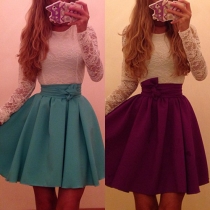 Fashion Lace Spliced Long Sleeve Round Neck High Waist Contrast Color Dress