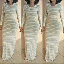 Fashion Long Sleeve Round Neck Striped Maxi Dress