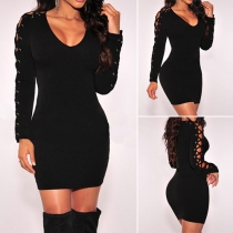 Sexy Hollow Out Lace-up Long Sleeve Round Neck Sheath Dress