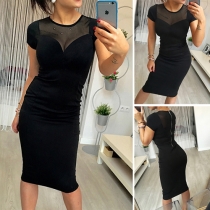 Sexy See-through Gauze Spliced Short Sleeve Round Neck Slim Fit Dress