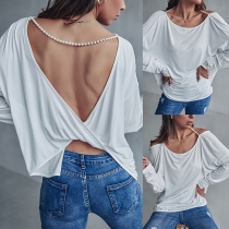 Sexy Backless Long Sleeve Round Neck High-low Hem Contrast Color T-shirt