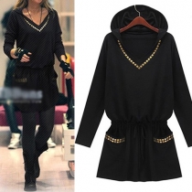 Fashion Punk Style Solid Color Rivets Long-Sleeved Hooded Dress