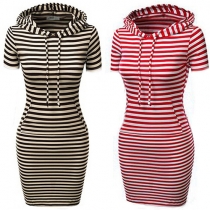 Fashion Slim Striped Hooded Short-Sleeved Dress