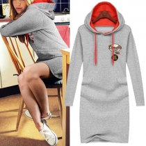 Fashion Contrast Color Long Sleeve Hooded Embroidered Sweatshirt Dress