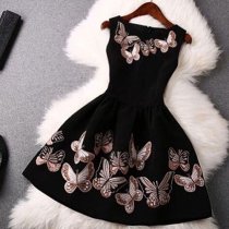 Sweet Style Butterfly Printed Sleeveless Round Neck Dress