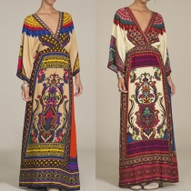 Ethnic Style Trumpet Sleeve V-neck High Waist Printed Maxi Dress