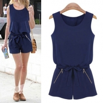 Fashion Solid Color Sleeveless Round Neck Gathered Waist Rompers