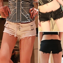 Sexy Zippered-Sides Lace-Up Distressed Shorts