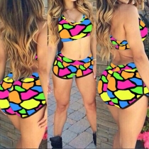 Sexy Geo Colorblock Print High-Waisted Racerback Bikini Set