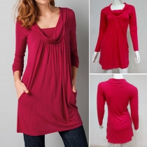 Fashion Cowl Neck Front-Crinkled Long Sleeves Dress