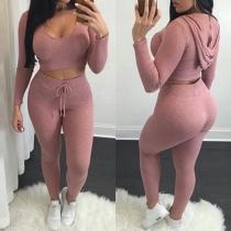 Fashion V-Neck Hooded Long Sleeves Crop Top & Drawstrings Skinny Sweaterpants