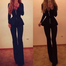 Fashion Zipped Round Neck Long Sleeves Top & Waistband & Flare Pants Three Set 