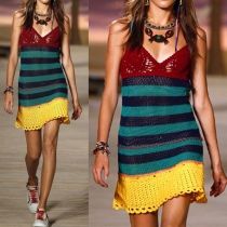 Sexy Color Blocks Open Knit Knitting V-Neck Sleeveless Cami Dress