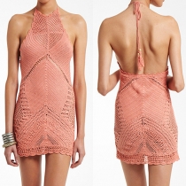 Sexy Halter Smock Hand-Crocheted Stretched Knitted Mini Dresses
